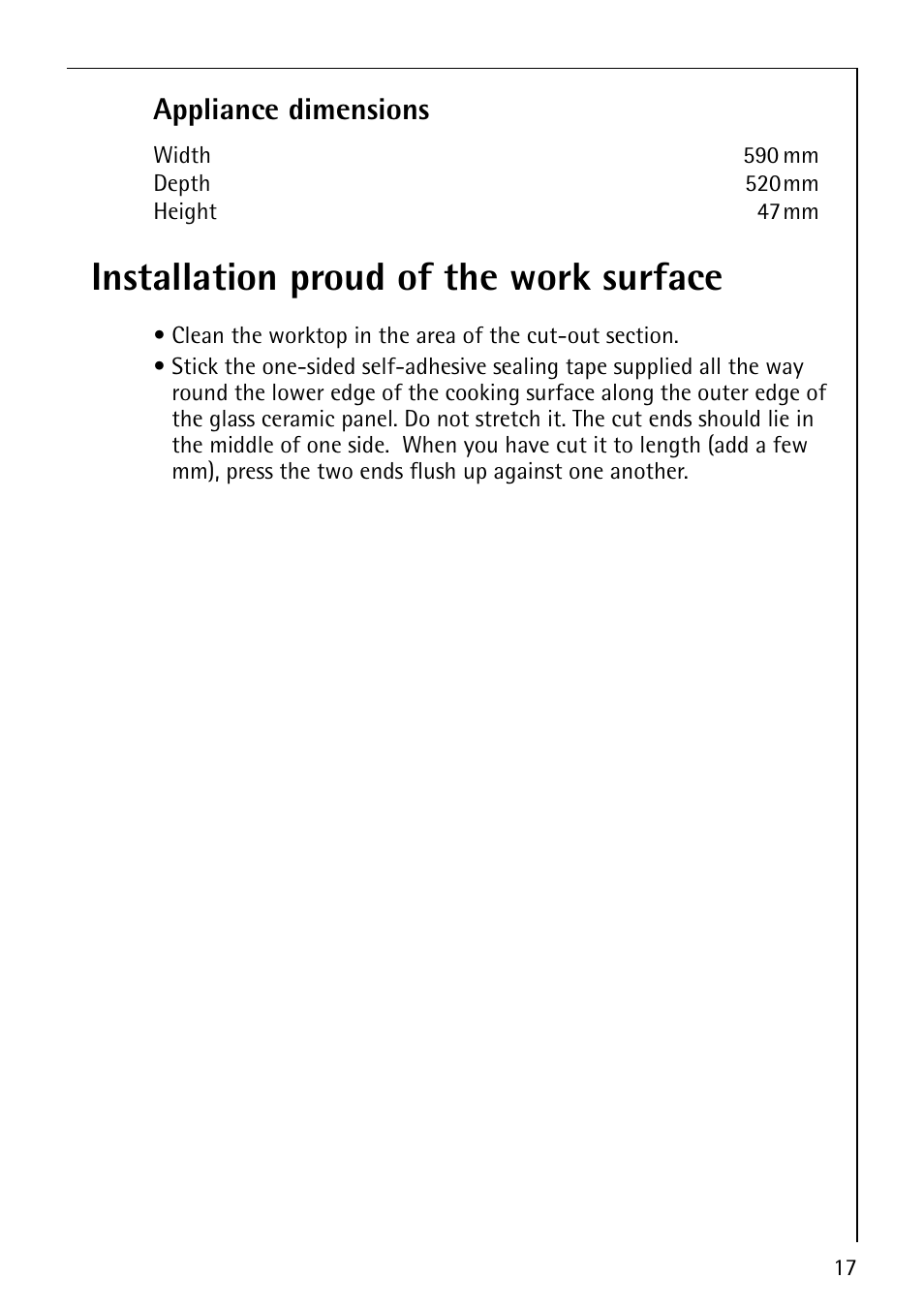 Installation proud of the work surface, Appliance dimensions | Electrolux D-90327 User Manual | Page 17 / 24