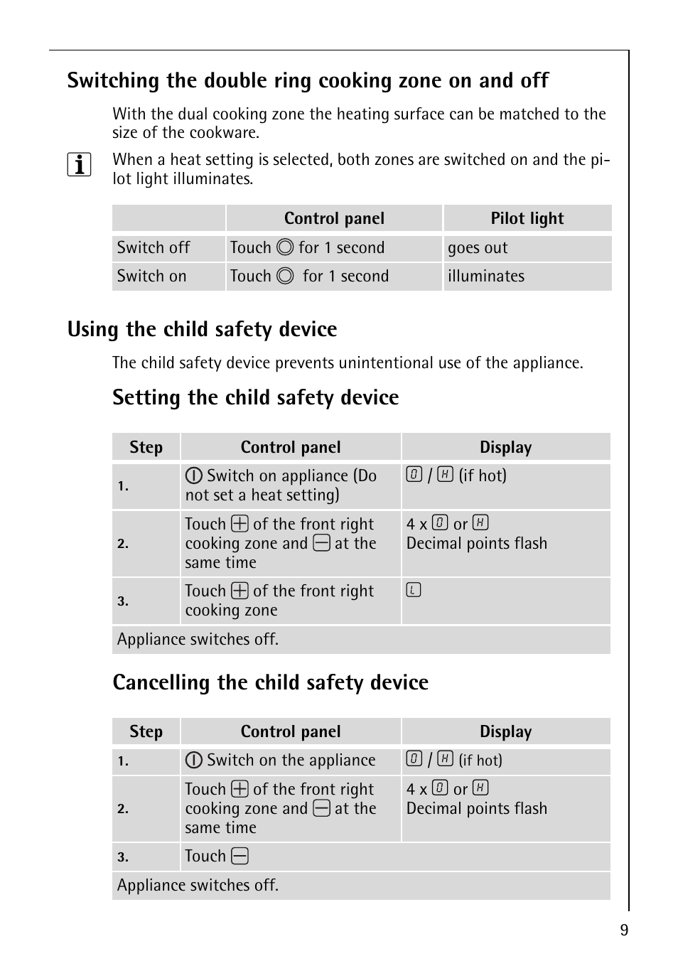 Switching the double ring cooking zone on and off, Using the child safety device, Setting the child safety device | Cancelling the child safety device | Electrolux D-90327 User Manual | Page 9 / 24