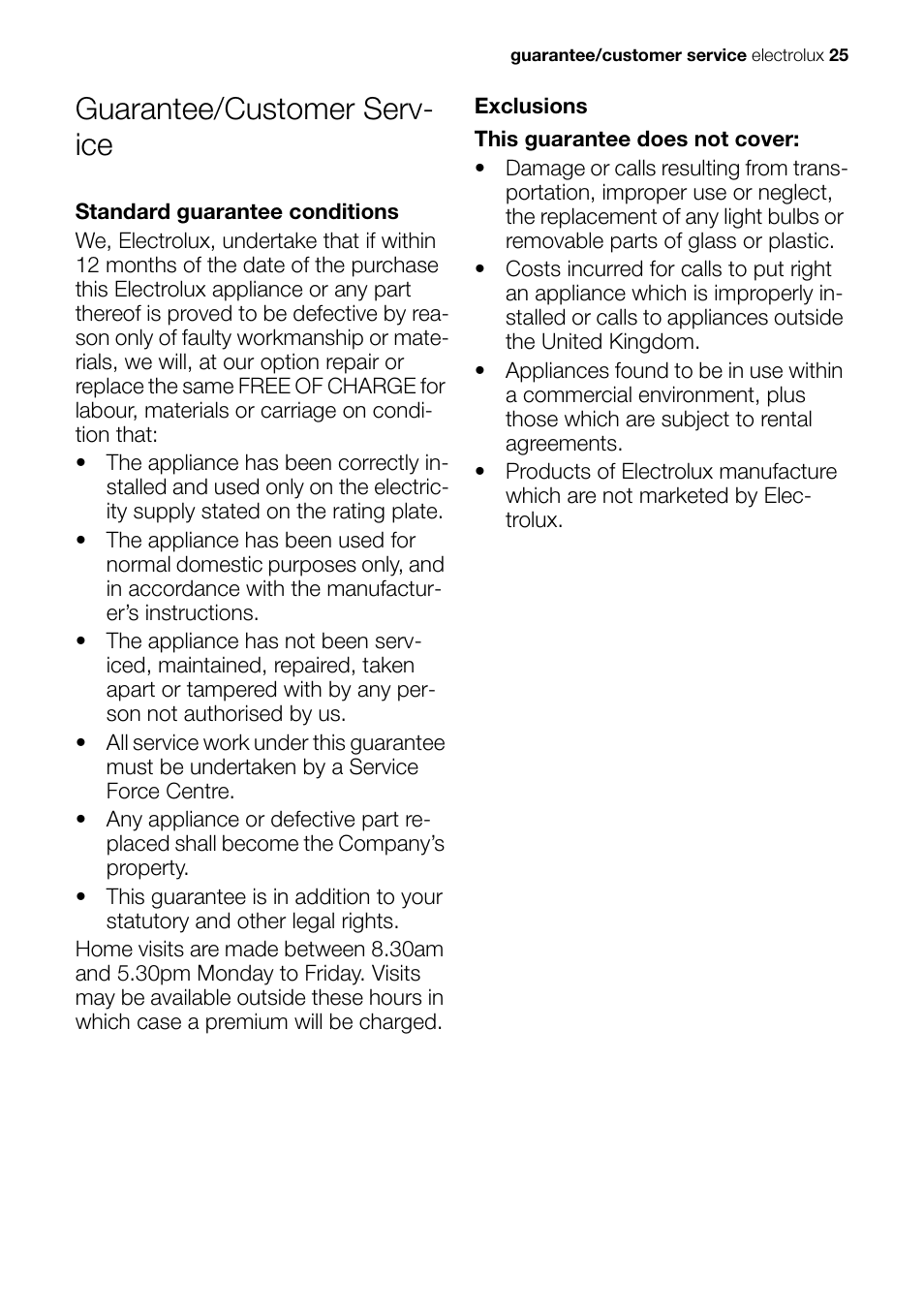 Guarantee/customer serv- ice | Electrolux EHP 60060 X User Manual | Page 25 / 32