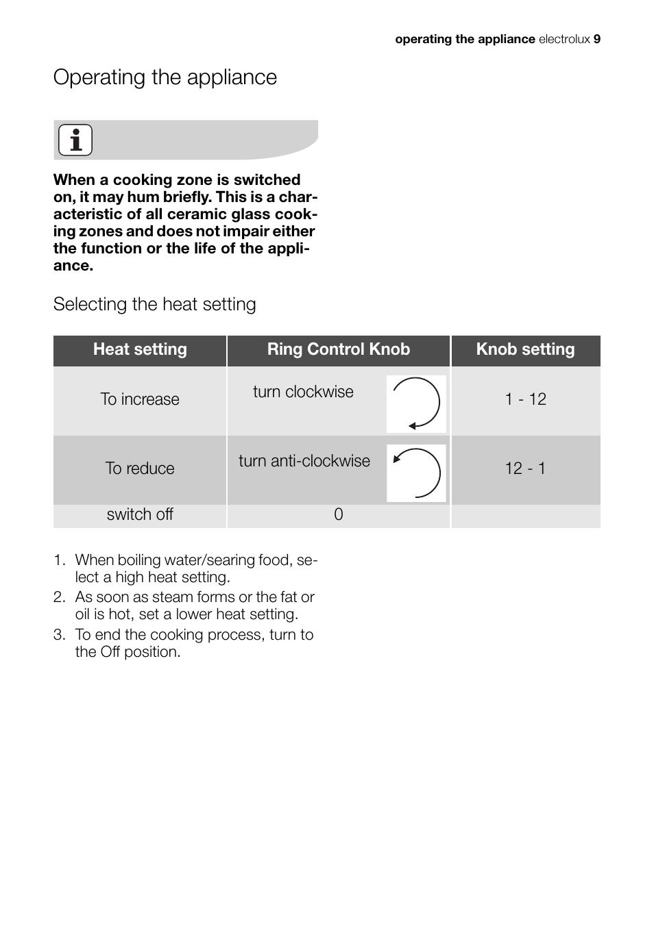 Operating the appliance, Selecting the heat setting | Electrolux EHP 60060 X User Manual | Page 9 / 32