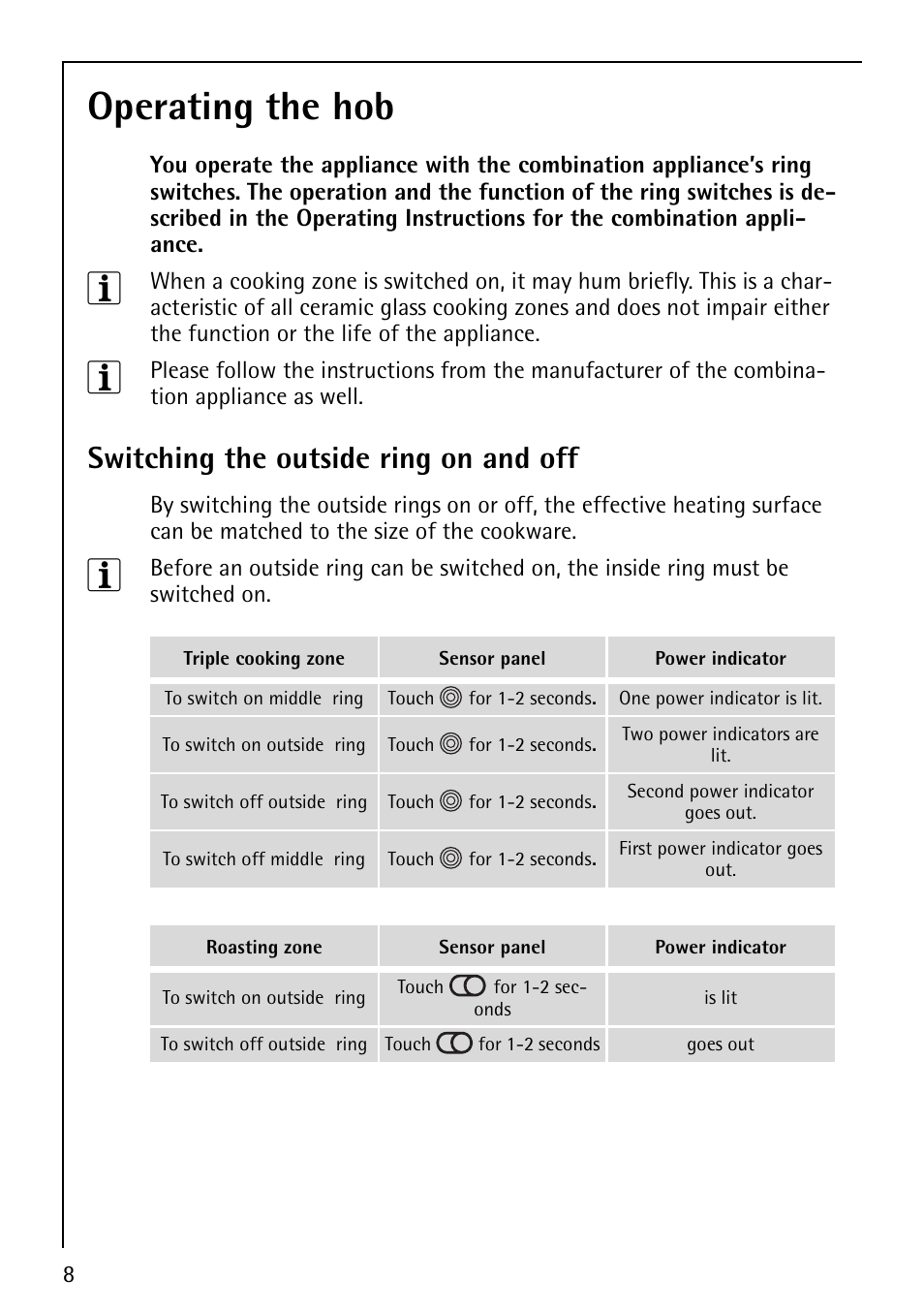 Operating the hob, Switching the outside ring on and off | Electrolux 6204 User Manual | Page 8 / 24