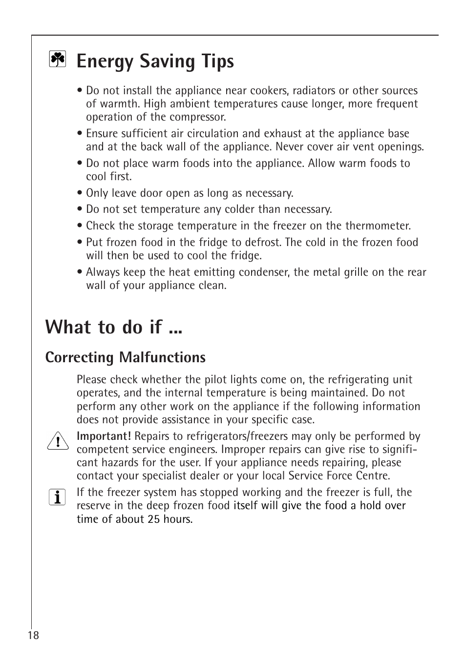 Energy saving tips, What to do if, Correcting malfunctions | Electrolux ARCTIS 1050GS8 User Manual | Page 18 / 24