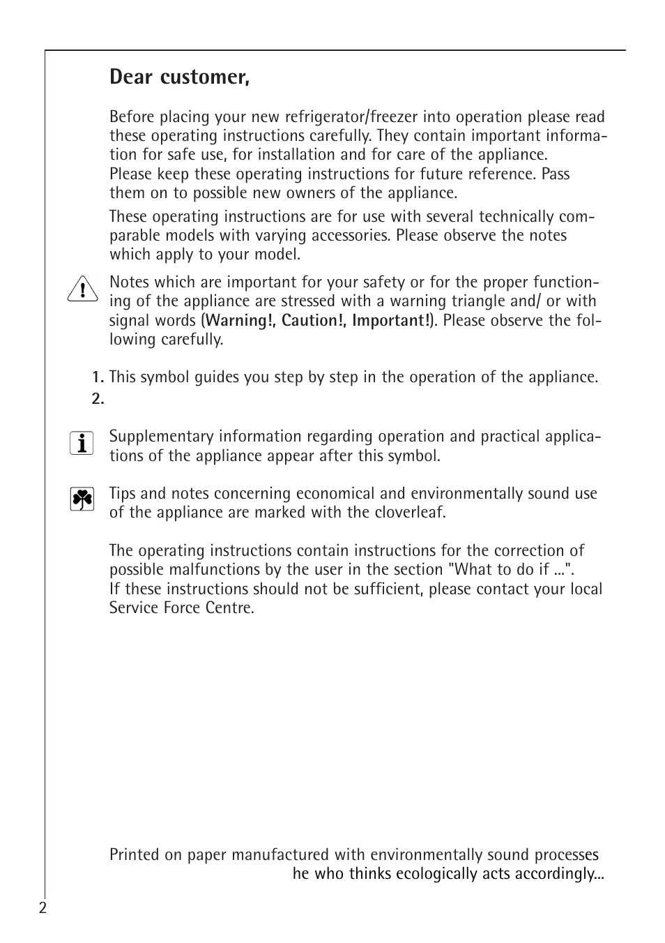 Dear customer | Electrolux ARCTIS 1050GS8 User Manual | Page 2 / 24