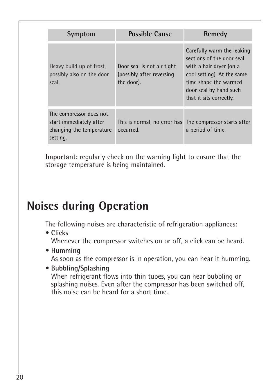 Noises during operation | Electrolux ARCTIS 1050GS8 User Manual | Page 20 / 24