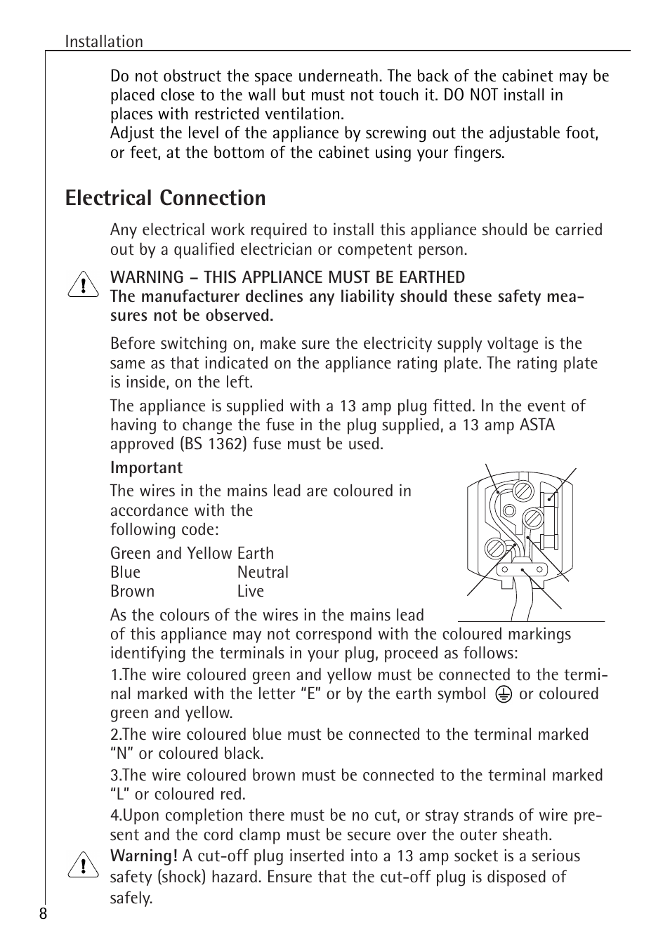 Electrical connection | Electrolux ARCTIS 1050GS8 User Manual | Page 8 / 24