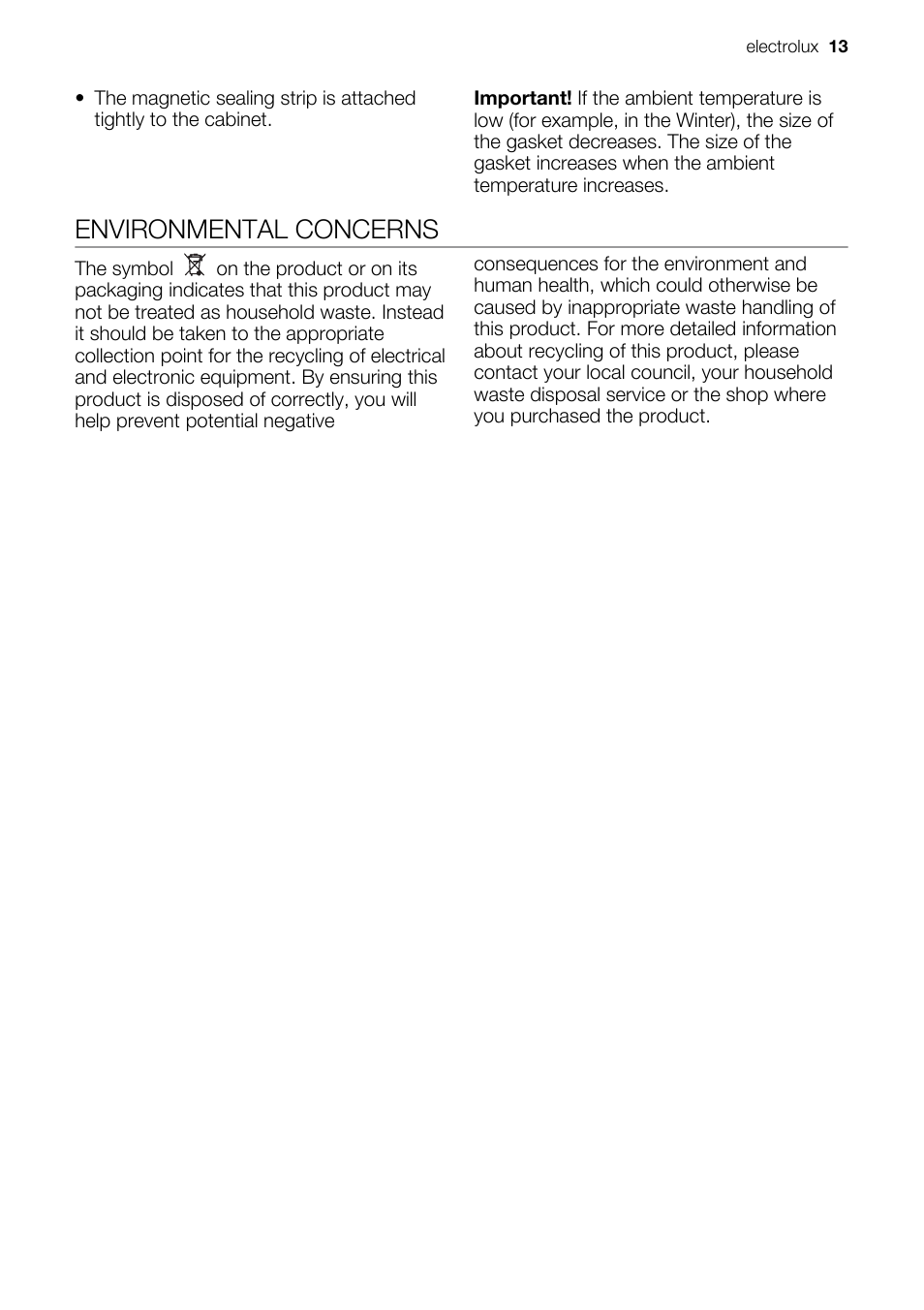 Environmental concerns | Electrolux CI120FA User Manual | Page 13 / 16