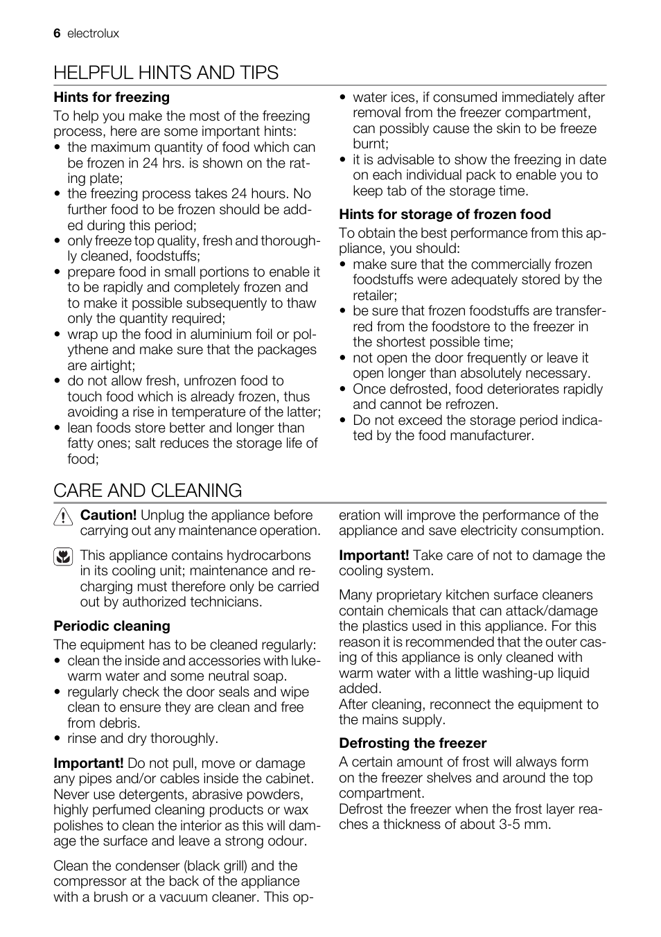 Helpful hints and tips, Care and cleaning | Electrolux CI120FA User Manual | Page 6 / 16