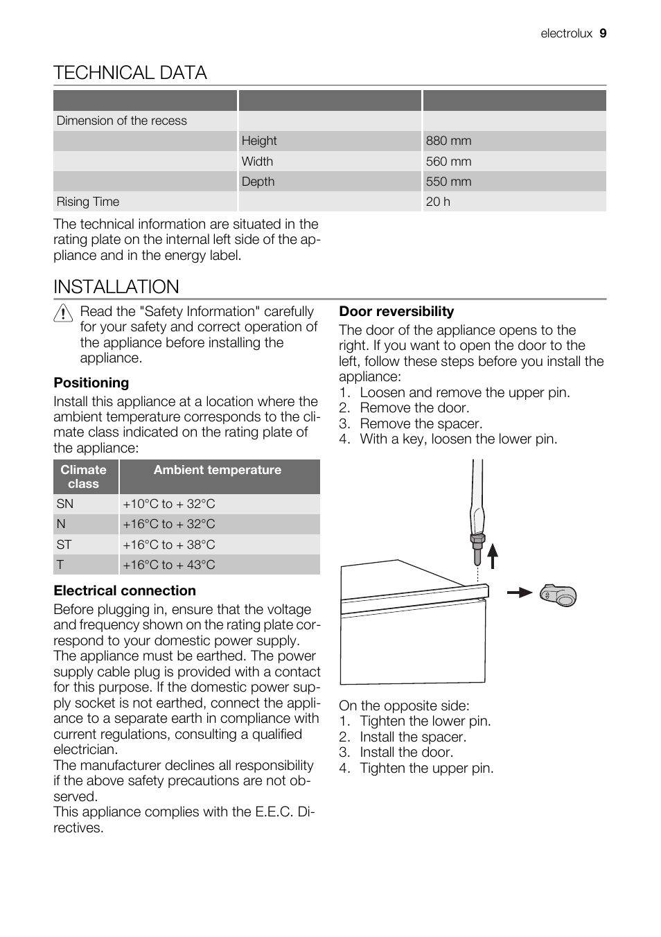 Technical data, Installation | Electrolux CI120FA User Manual | Page 9 / 16