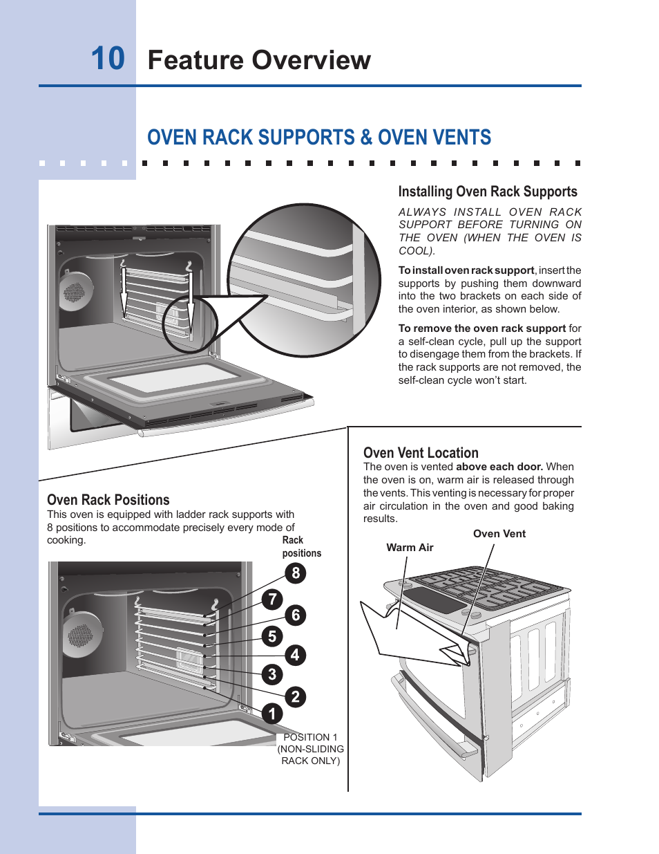Feature overview, Oven rack supports & oven vents | Electrolux Gas Slide-in Range 318 203 890 (1001) User Manual | Page 10 / 48