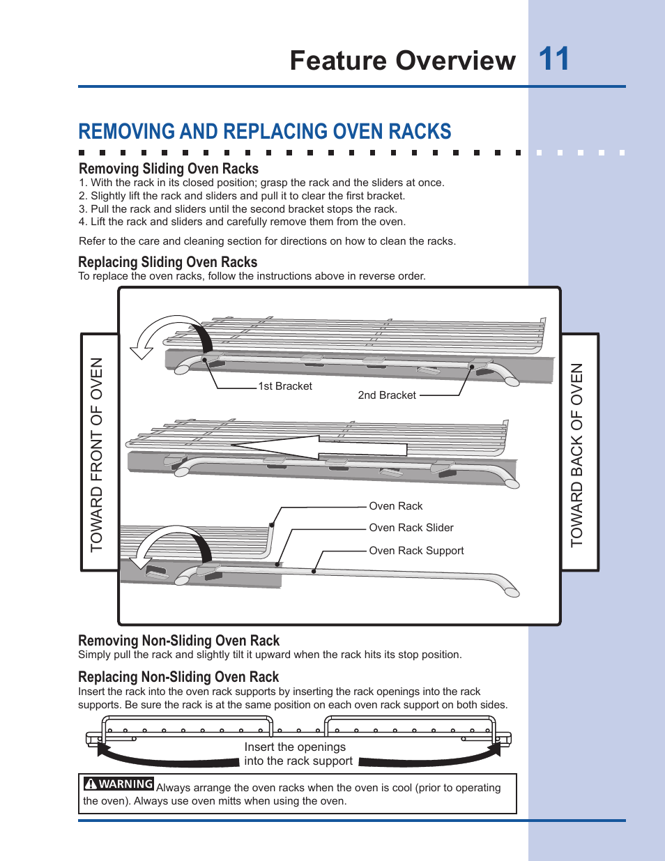 Feature overview, Removing and replacing oven racks | Electrolux Gas Slide-in Range 318 203 890 (1001) User Manual | Page 11 / 48