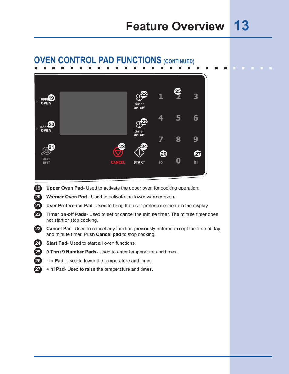 Feature overview, Oven control pad functions | Electrolux Gas Slide-in Range 318 203 890 (1001) User Manual | Page 13 / 48