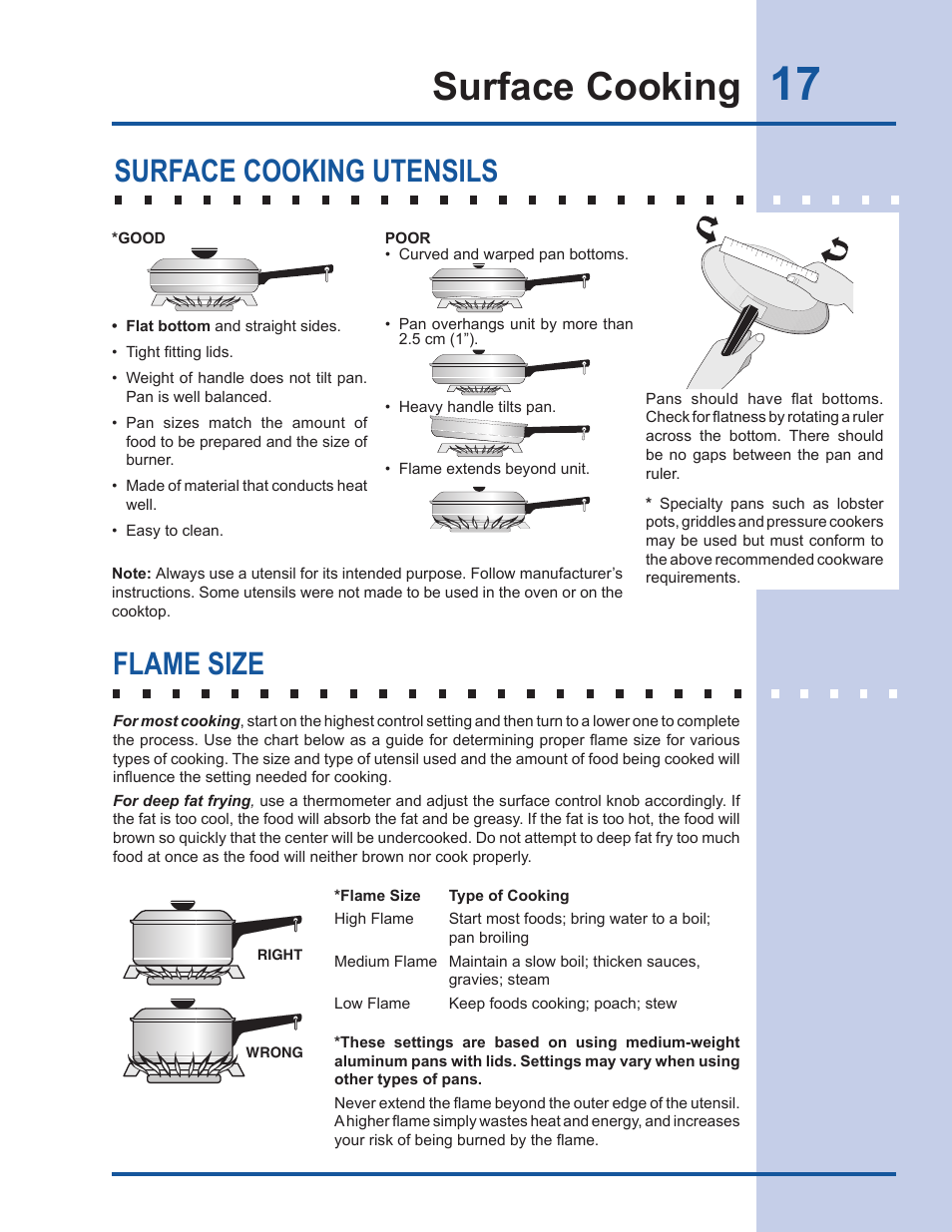 Surface cooking, Surface cooking utensils flame size | Electrolux Gas Slide-in Range 318 203 890 (1001) User Manual | Page 17 / 48