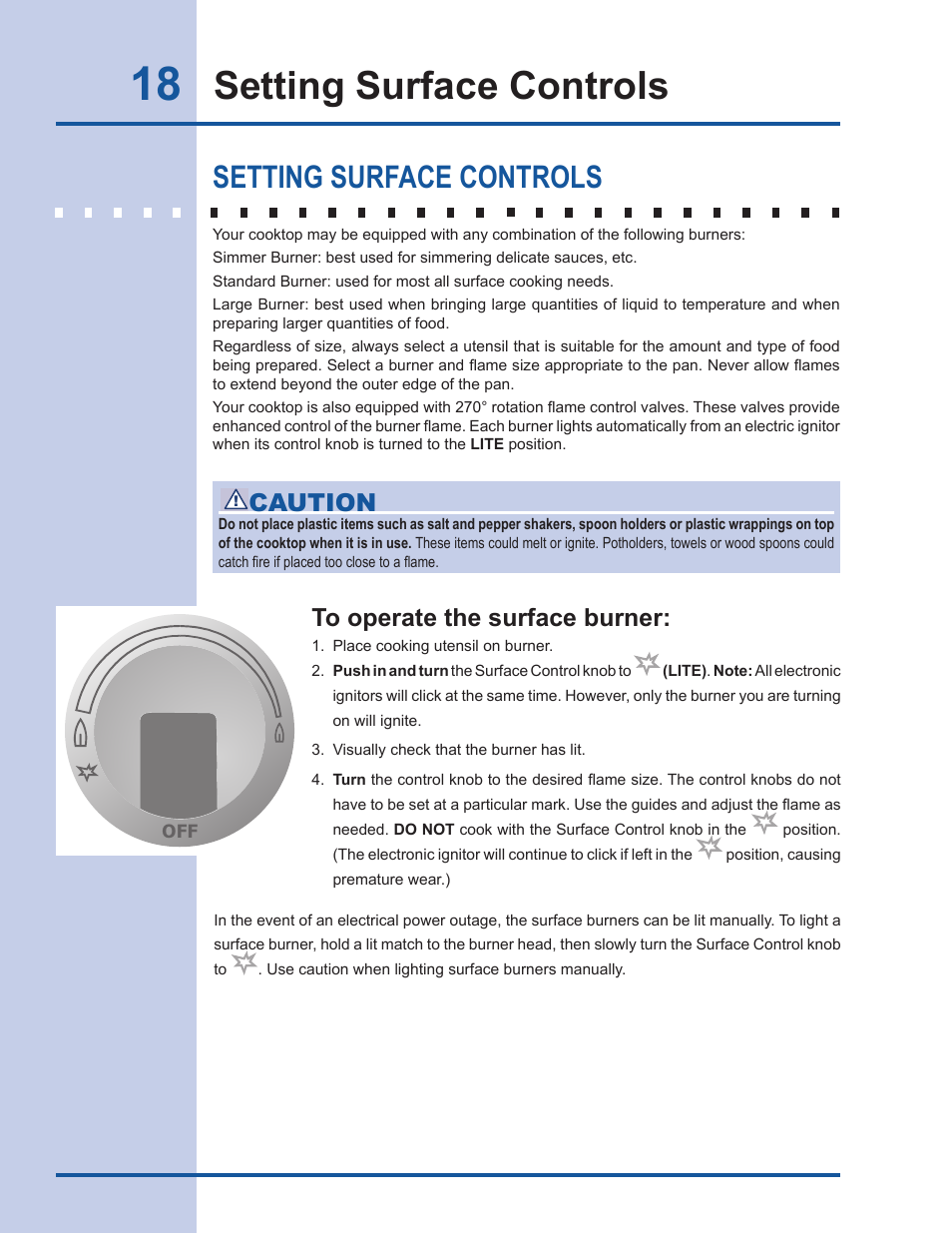 Setting surface controls, Caution | Electrolux Gas Slide-in Range 318 203 890 (1001) User Manual | Page 18 / 48