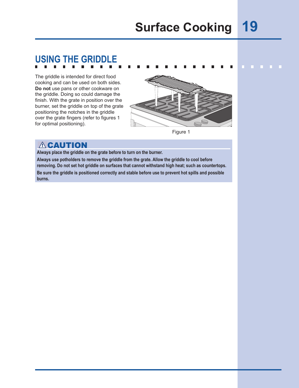 Surface cooking, Using the griddle, Caution | Electrolux Gas Slide-in Range 318 203 890 (1001) User Manual | Page 19 / 48