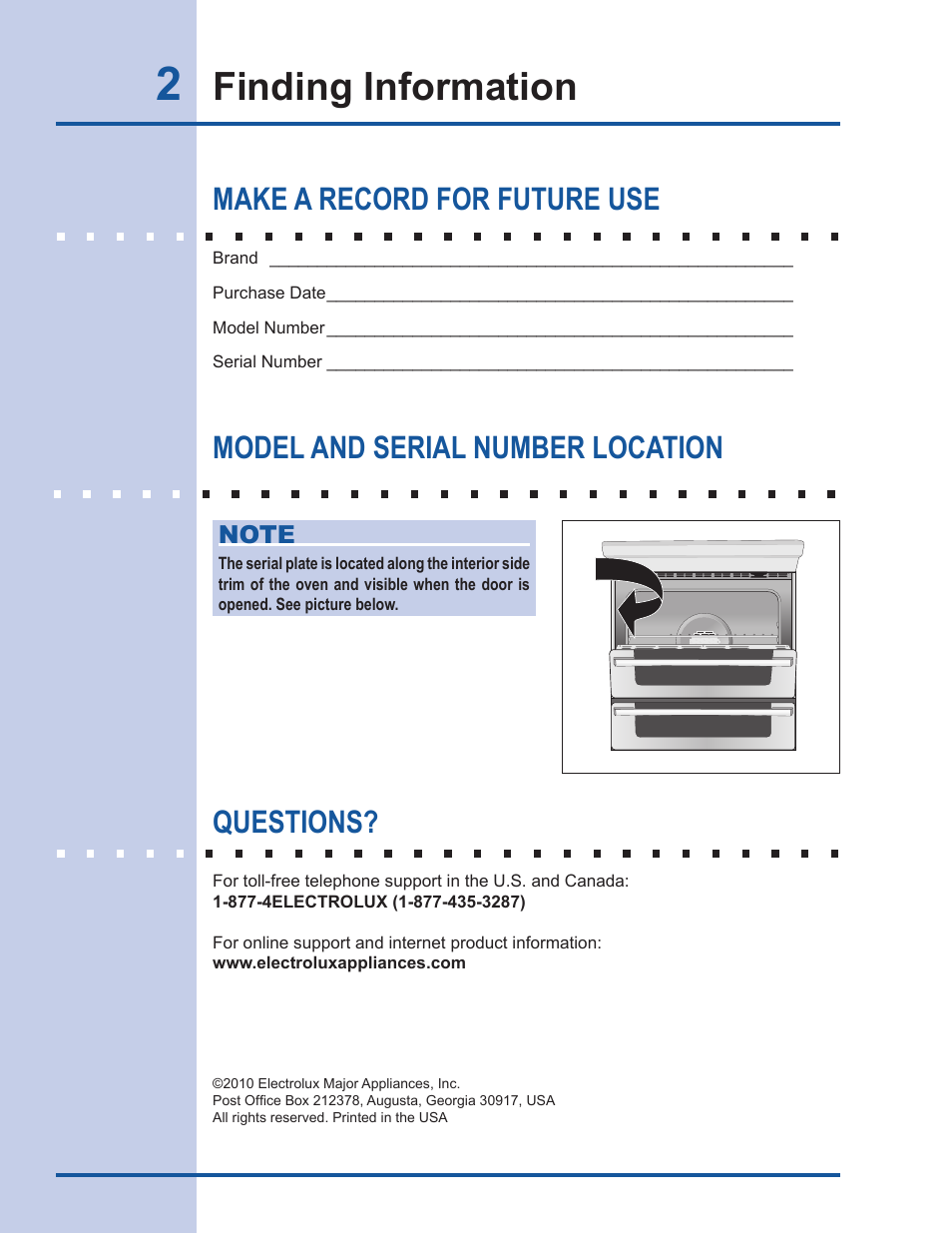 Finding information, Make a record for future use, Model and serial number location | Questions | Electrolux Gas Slide-in Range 318 203 890 (1001) User Manual | Page 2 / 48