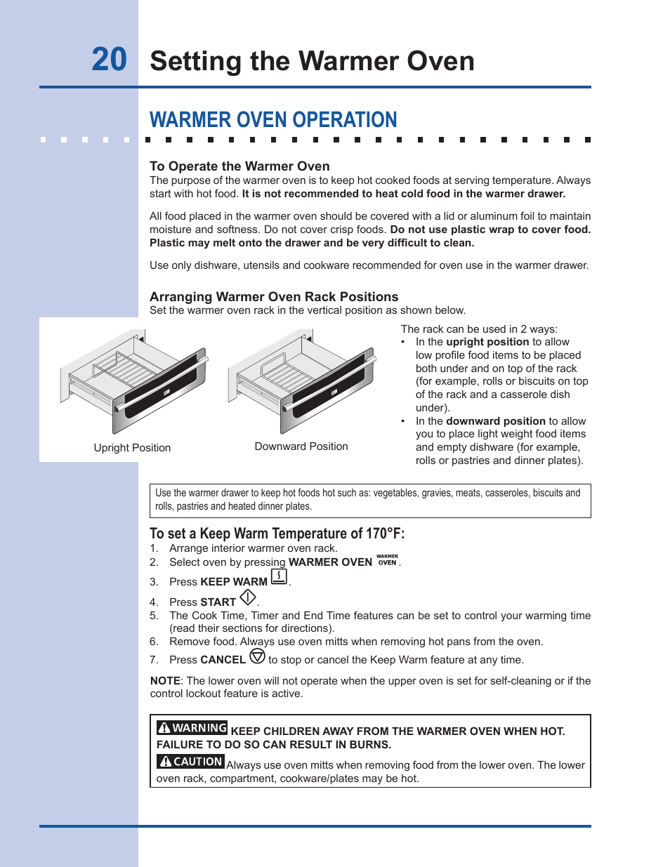 Setting the warmer oven, Warmer oven operation | Electrolux Gas Slide-in Range 318 203 890 (1001) User Manual | Page 20 / 48