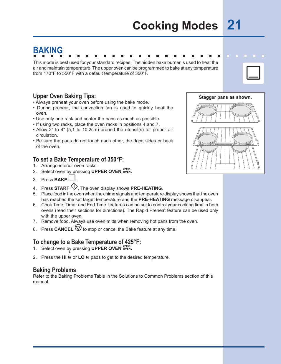 Cooking modes, Baking, Baking problems | Upper oven baking tips | Electrolux Gas Slide-in Range 318 203 890 (1001) User Manual | Page 21 / 48