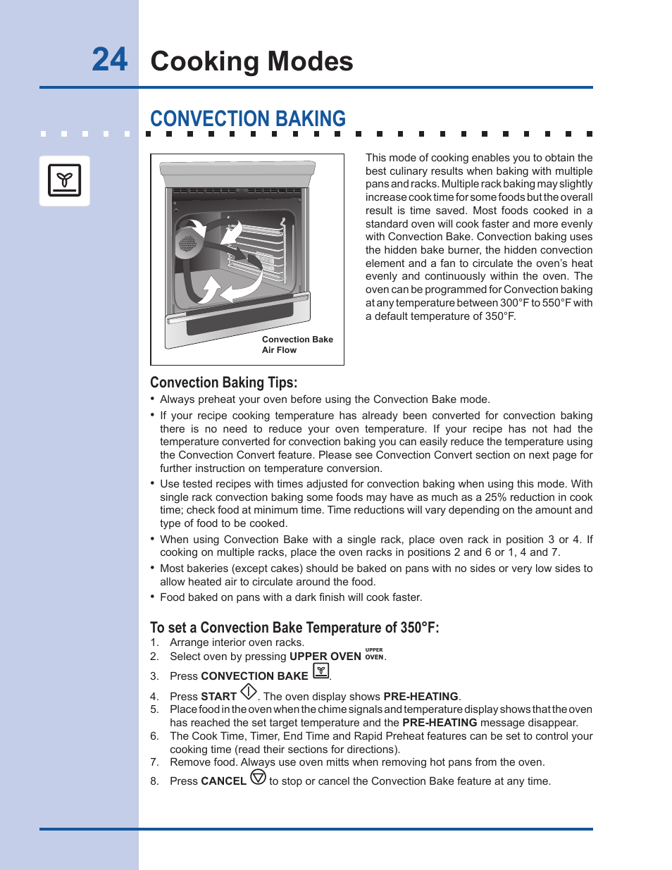 Cooking modes, Convection baking, Convection baking tips | Electrolux Gas Slide-in Range 318 203 890 (1001) User Manual | Page 24 / 48
