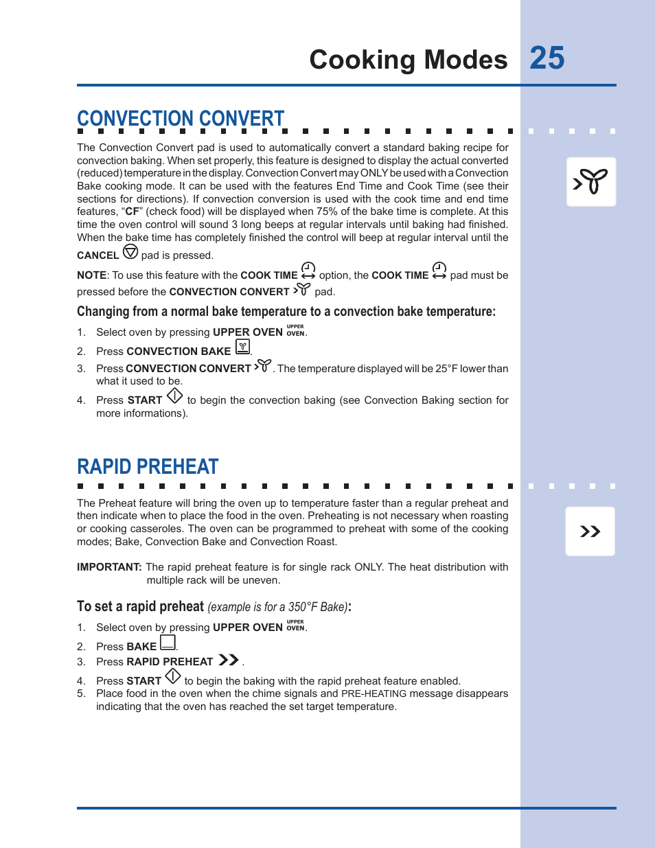 Cooking modes, Convection convert, Rapid preheat | Electrolux Gas Slide-in Range 318 203 890 (1001) User Manual | Page 25 / 48