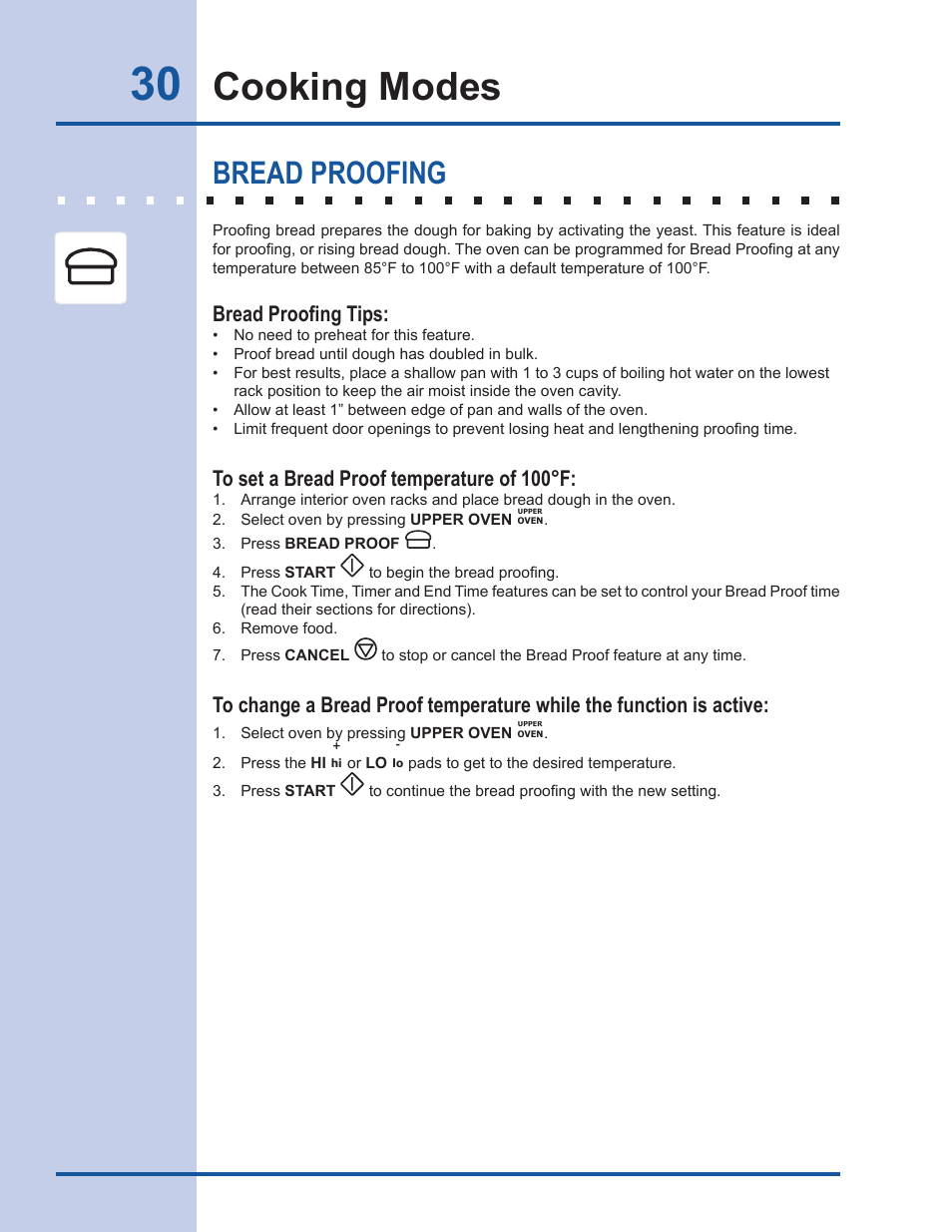 Cooking modes, Bread proofing, Bread proofing tips | Electrolux Gas Slide-in Range 318 203 890 (1001) User Manual | Page 30 / 48
