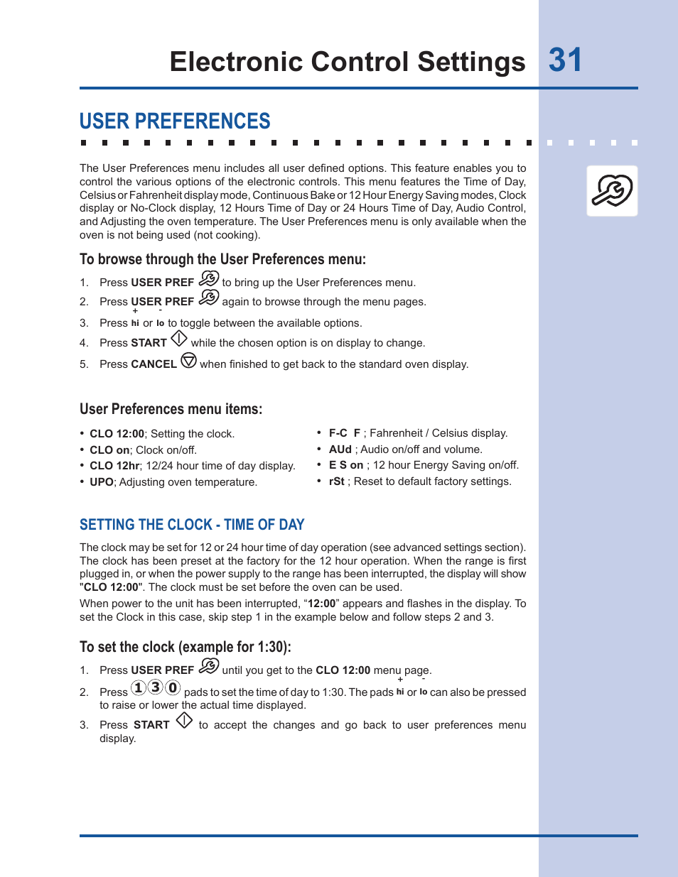 Electronic control settings, User preferences, Setting the clock - time of day | User preferences menu items | Electrolux Gas Slide-in Range 318 203 890 (1001) User Manual | Page 31 / 48