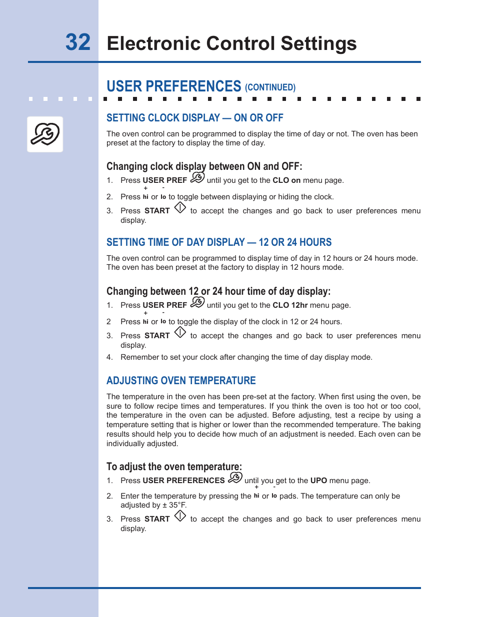 Electronic control settings, User preferences, Adjusting oven temperature | Changing between 12 or 24 hour time of day display, Setting time of day display — 12 or 24 hours, Changing clock display between on and off, Setting clock display — on or off | Electrolux Gas Slide-in Range 318 203 890 (1001) User Manual | Page 32 / 48