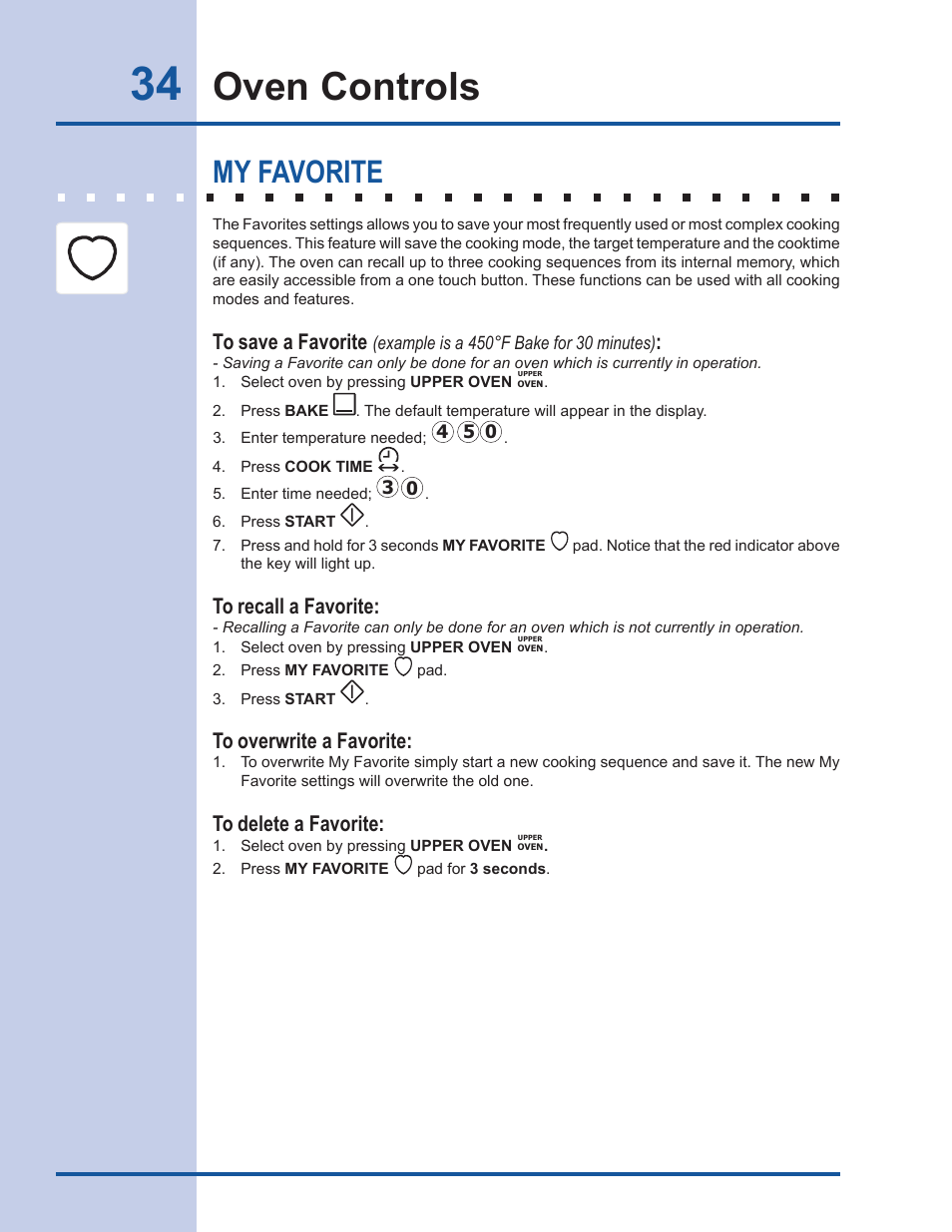 Oven controls, My favorite | Electrolux Gas Slide-in Range 318 203 890 (1001) User Manual | Page 34 / 48
