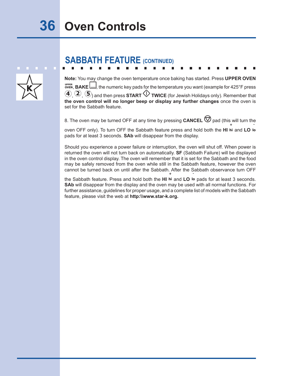 Oven controls, Sabbath feature | Electrolux Gas Slide-in Range 318 203 890 (1001) User Manual | Page 36 / 48