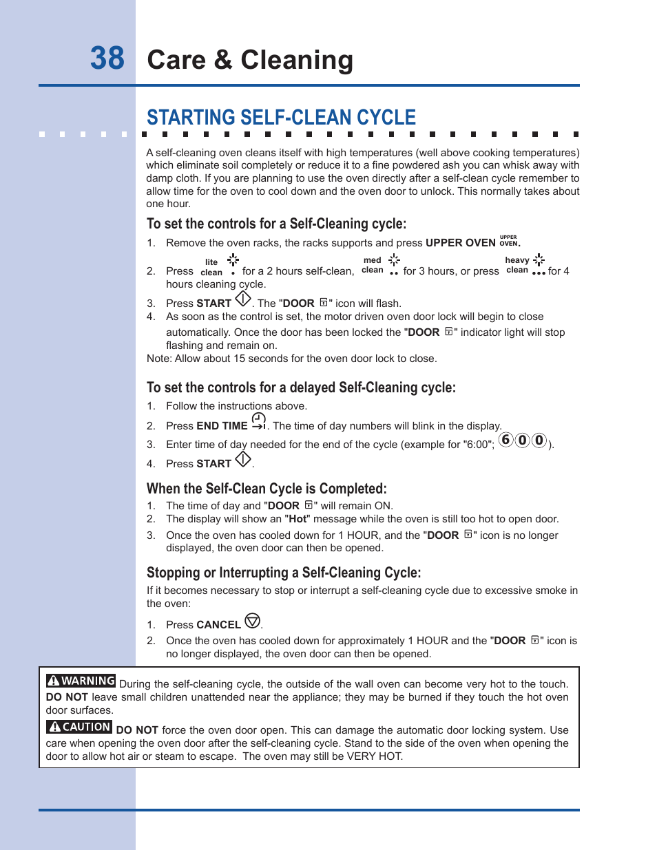 Care & cleaning, Starting self-clean cycle, When the self-clean cycle is completed | Stopping or interrupting a self-cleaning cycle | Electrolux Gas Slide-in Range 318 203 890 (1001) User Manual | Page 38 / 48