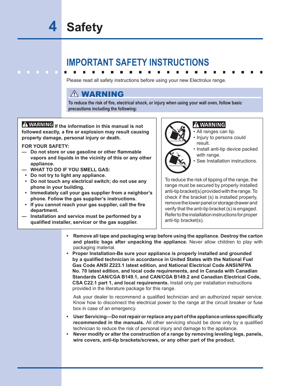 Safety, Important safety instructions, Warning | Electrolux Gas Slide-in Range 318 203 890 (1001) User Manual | Page 4 / 48