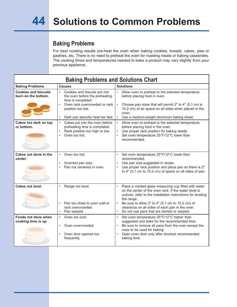 Solutions to common problems, Baking problems, Baking problems and solutions chart | Electrolux Gas Slide-in Range 318 203 890 (1001) User Manual | Page 44 / 48