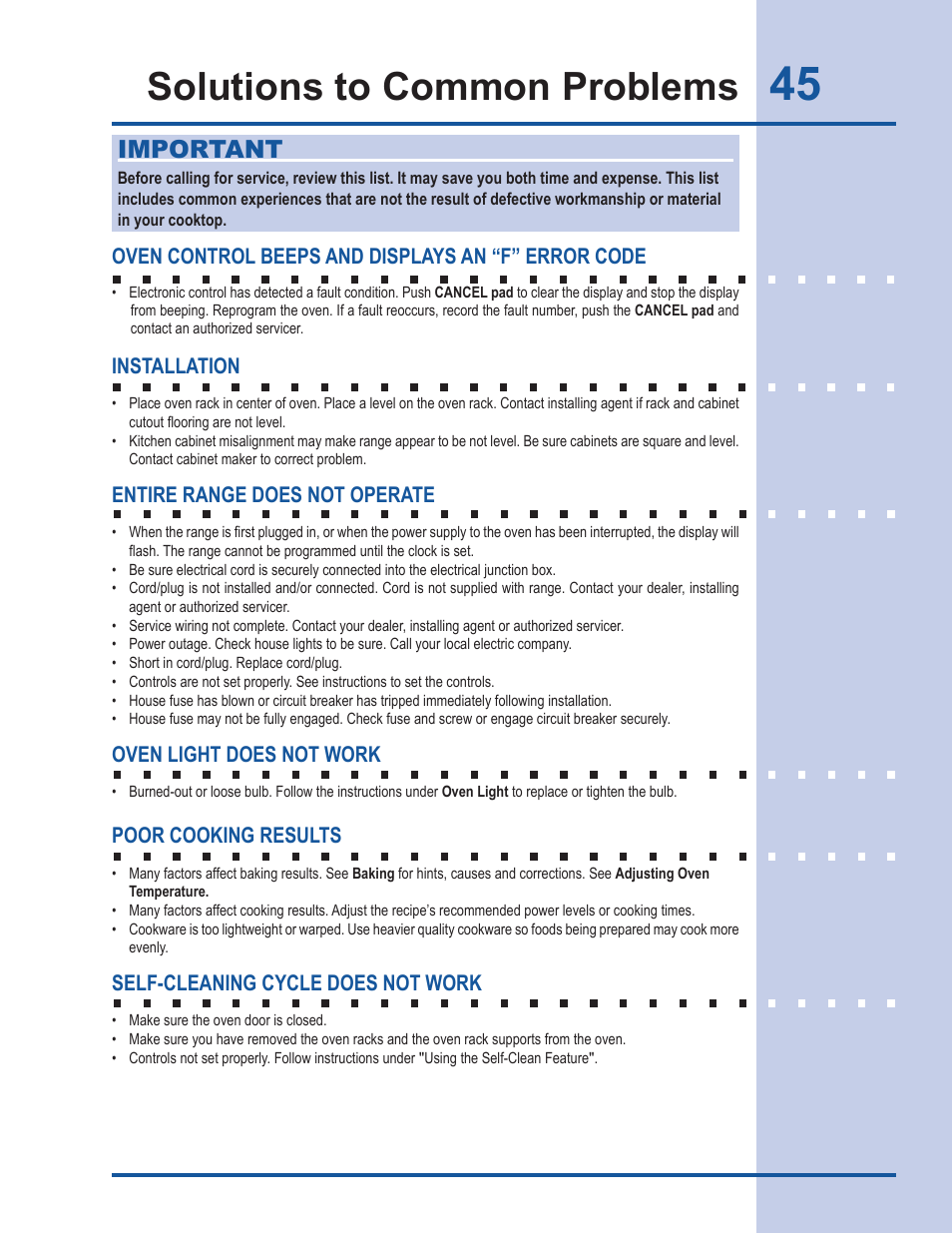 Solutions to common problems, Important | Electrolux Gas Slide-in Range 318 203 890 (1001) User Manual | Page 45 / 48