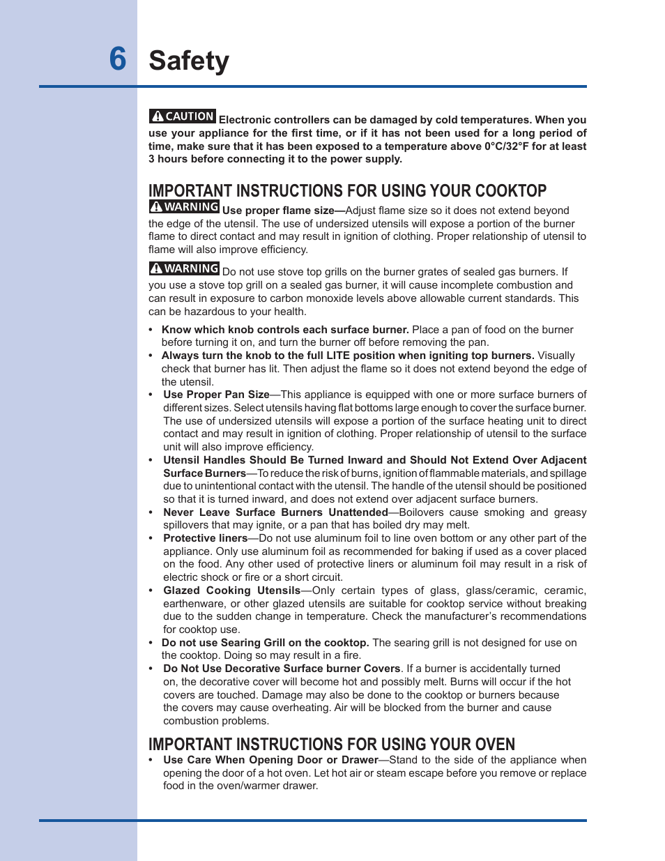 Safety, Important instructions for using your cooktop, Important instructions for using your oven | Electrolux Gas Slide-in Range 318 203 890 (1001) User Manual | Page 6 / 48