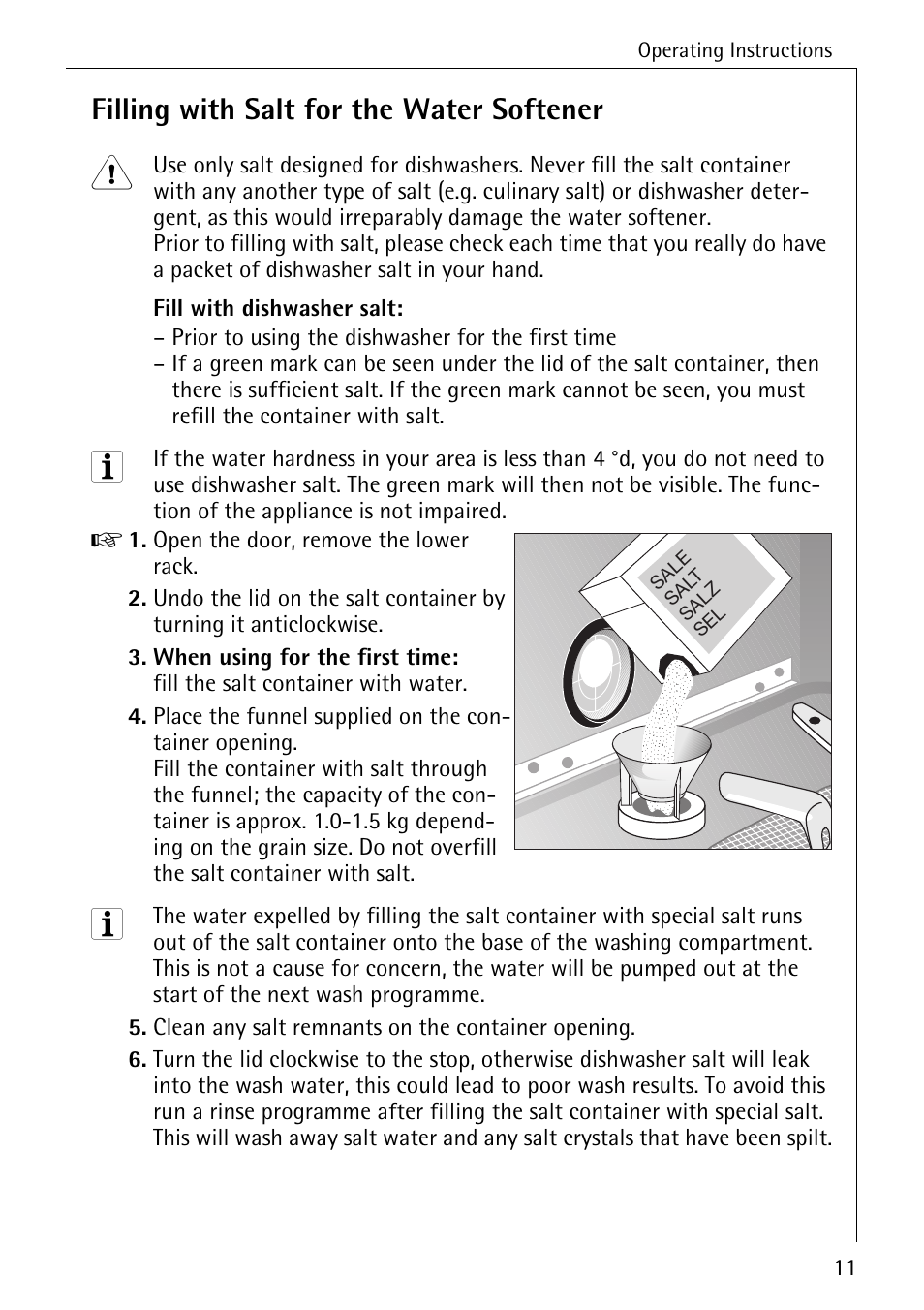 Filling with salt for the water softener | Electrolux 40300 User Manual | Page 11 / 40