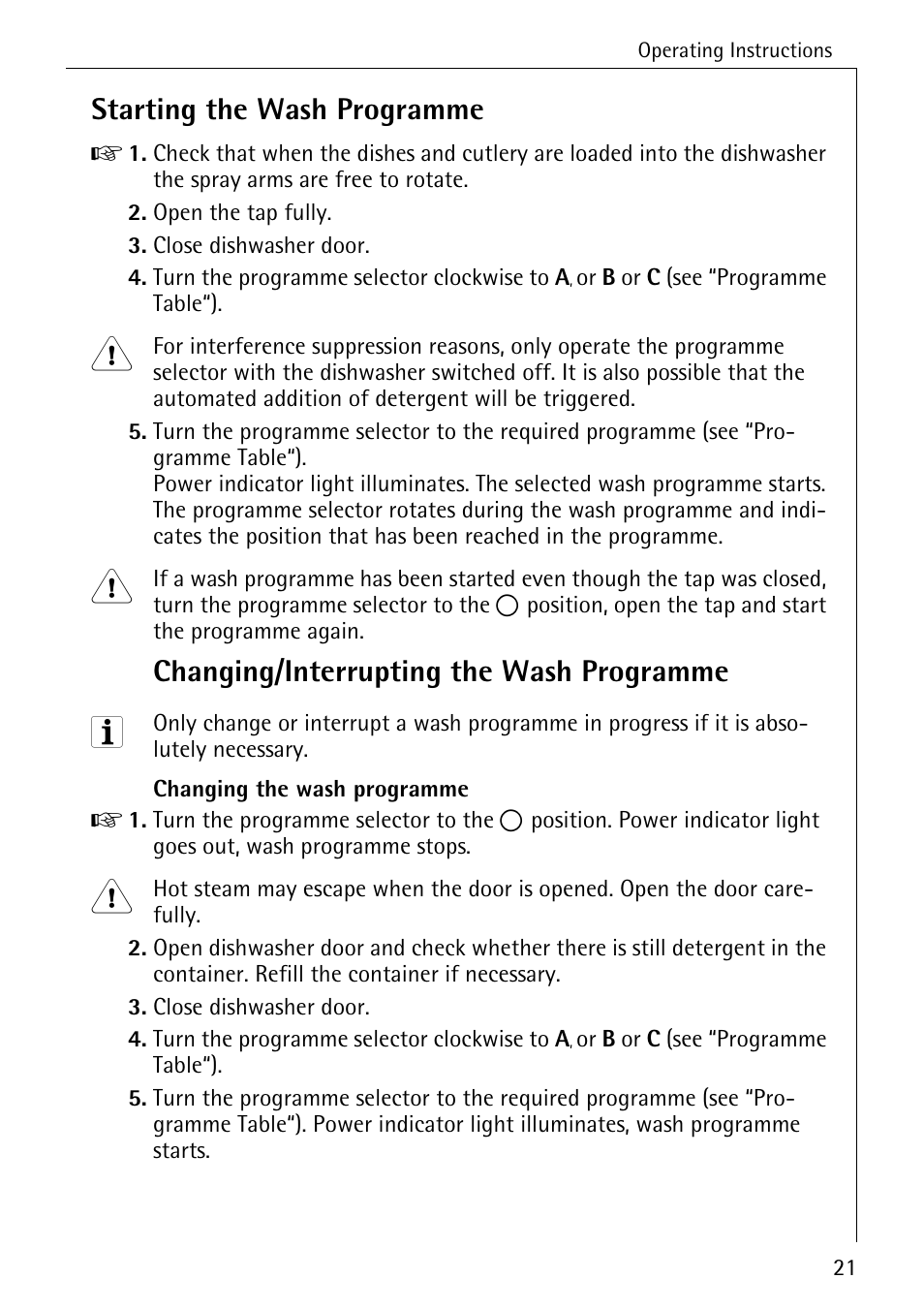 Starting the wash programme, Changing/interrupting the wash programme | Electrolux 40300 User Manual | Page 21 / 40