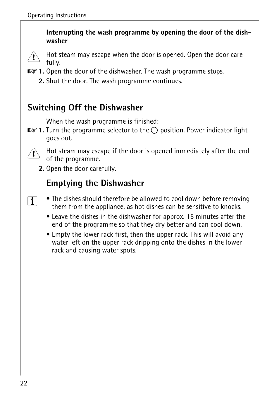 Switching off the dishwasher, Emptying the dishwasher | Electrolux 40300 User Manual | Page 22 / 40