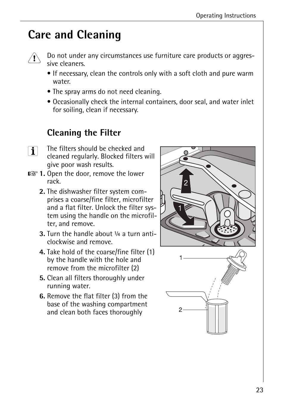 Care and cleaning, Cleaning the filter | Electrolux 40300 User Manual | Page 23 / 40