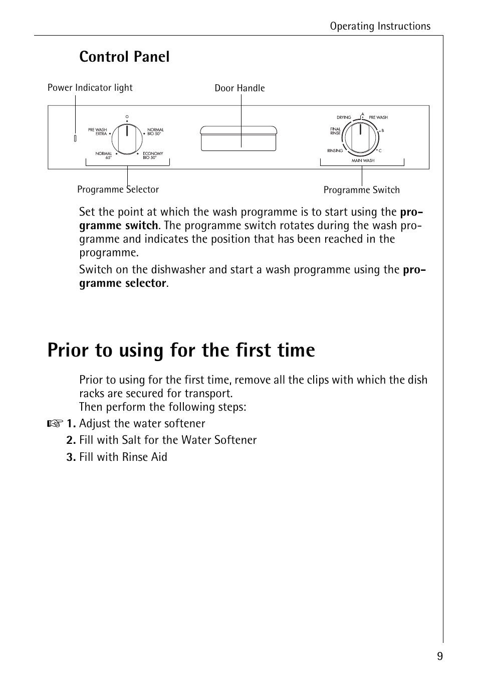 Prior to using for the first time, Control panel | Electrolux 40300 User Manual | Page 9 / 40