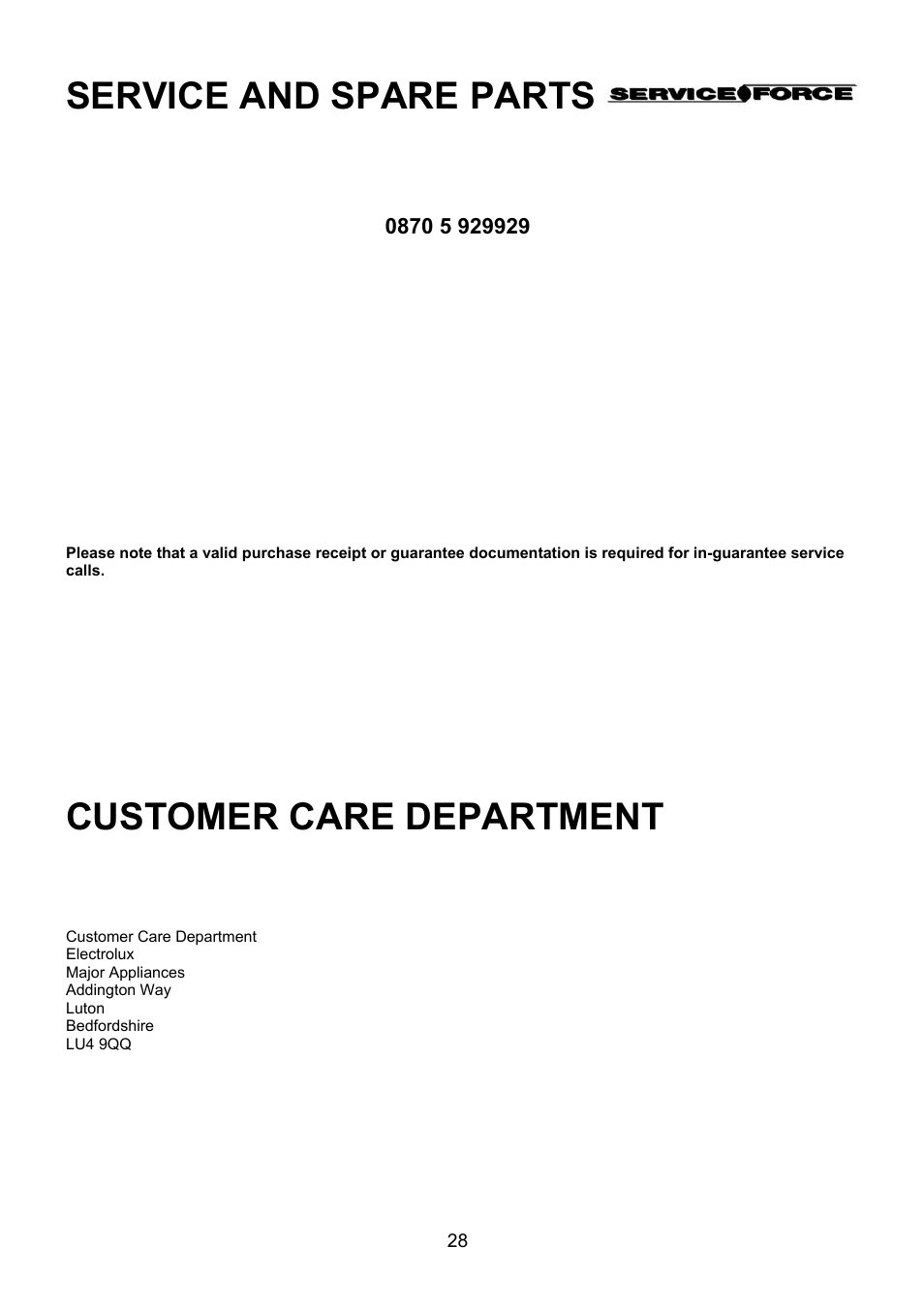 Service and spare parts, Customer care department | Electrolux EIKG6049 User Manual | Page 28 / 40