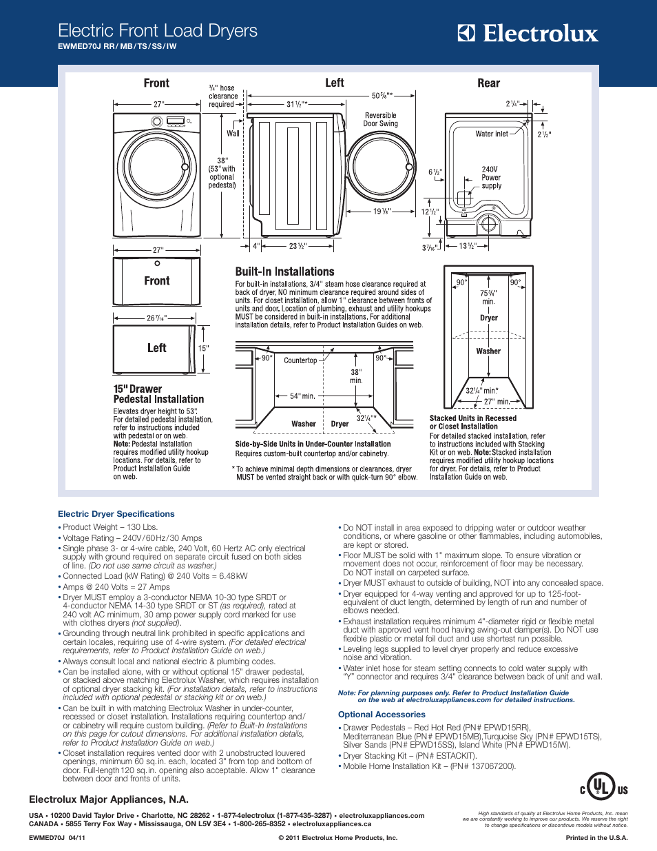 Electric front load dryers, Electrolux major appliances, n.a | Electrolux EWMED70J User Manual | Page 2 / 2