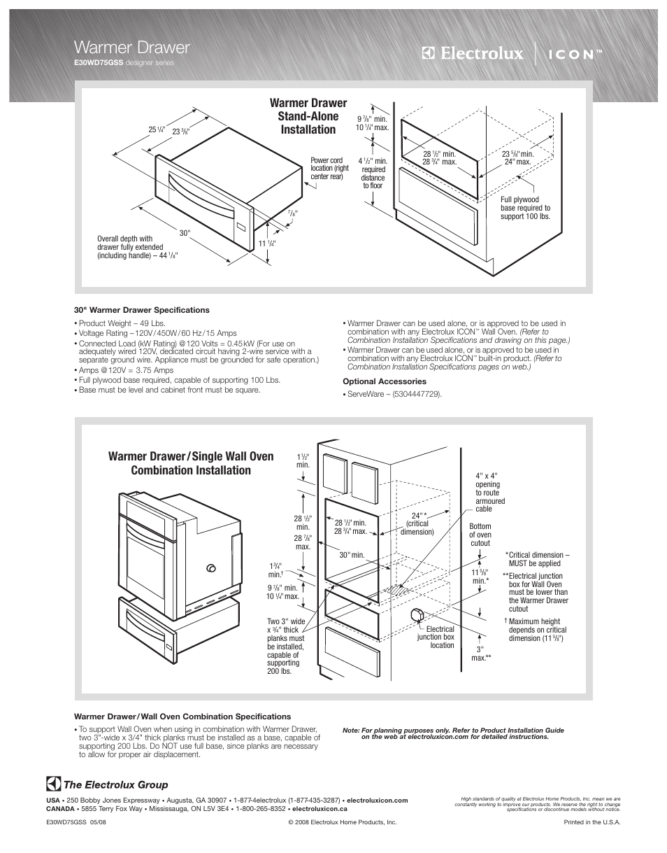 Warmer drawer, Warmer drawer stand-alone installation | Electrolux ICON E30WD75GSS User Manual | Page 2 / 4