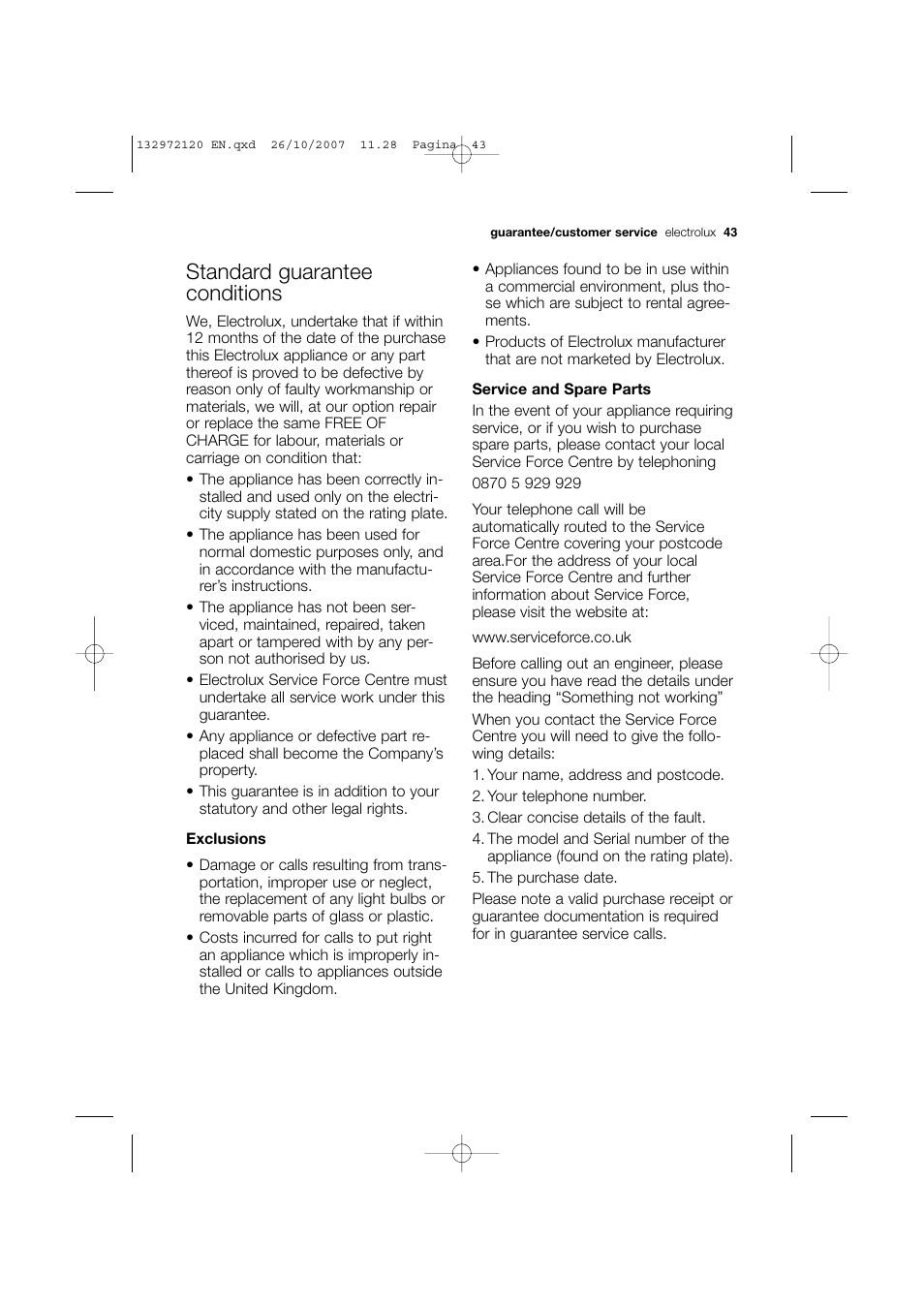 Standard guarantee conditions | Electrolux EWN 13570 W User Manual | Page 43 / 48
