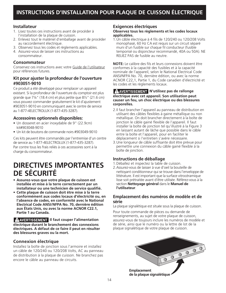 Directives importantes de sécurité | Electrolux 36" (91.4 cm) User Manual | Page 14 / 16