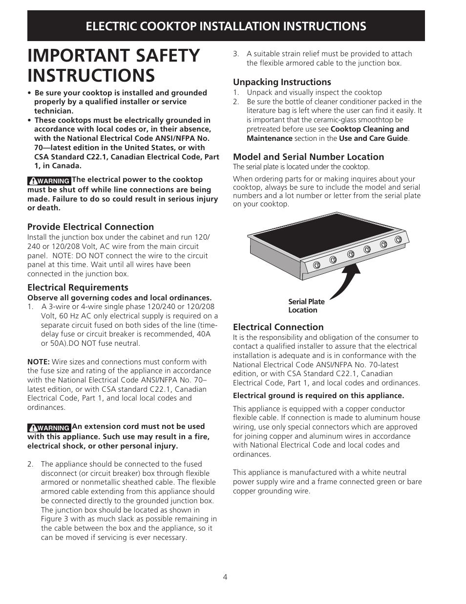 Important safety instructions, Electric cooktop installation instructions | Electrolux 36" (91.4 cm) User Manual | Page 4 / 16