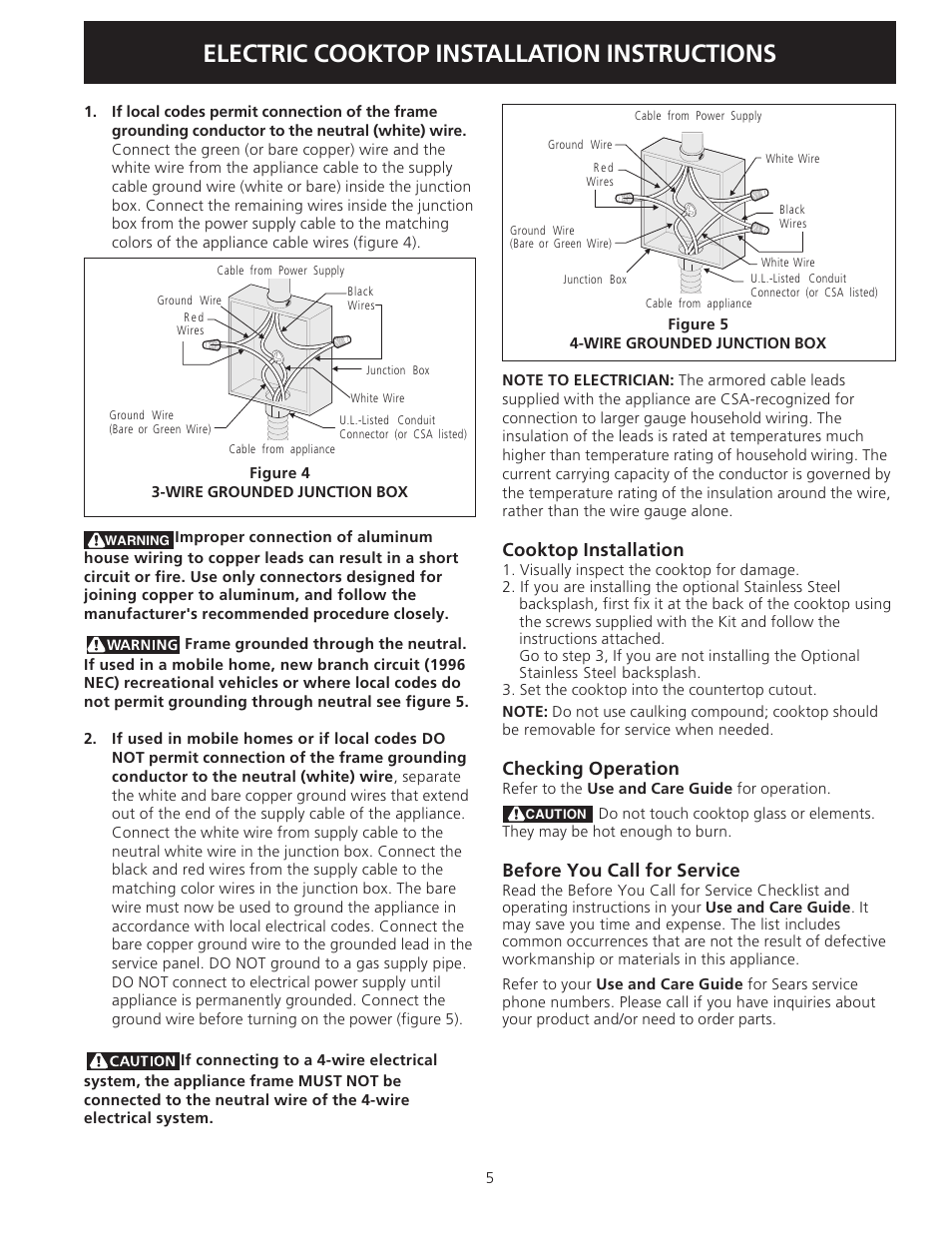 Electric cooktop installation instructions, Cooktop installation, Checking operation | Before you call for service | Electrolux 36" (91.4 cm) User Manual | Page 5 / 16