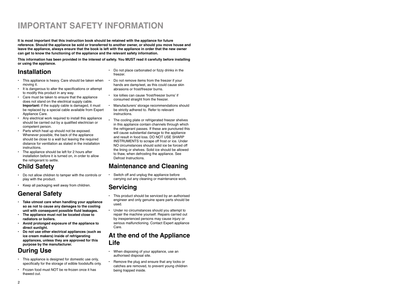 Important safety information, Installation, Child safety | General safety, During use, Maintenance and cleaning, Servicing, At the end of the appliance life | Electrolux ER 7825 B User Manual | Page 17 / 20