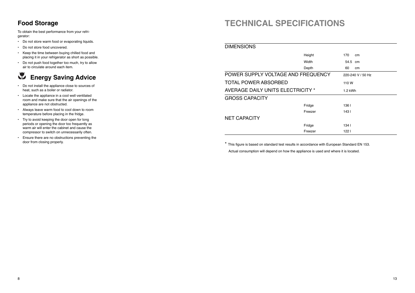 Technical specifications, Food storage, Energy saving advice | Electrolux ER 7825 B User Manual | Page 8 / 20