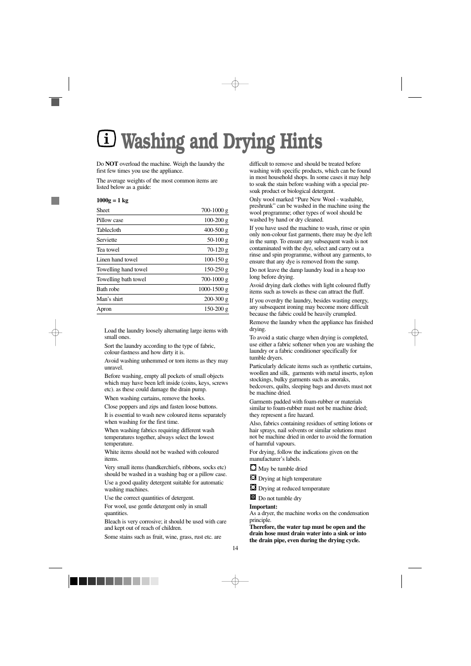 Washing and drying hints | Electrolux EW 1209 I User Manual | Page 14 / 32