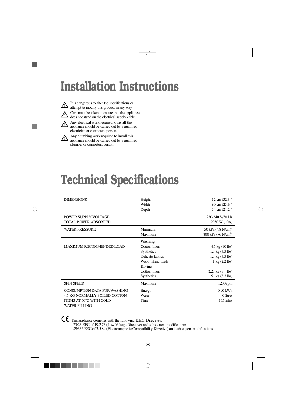 Installation instructions technical specifications | Electrolux EW 1209 I User Manual | Page 25 / 32