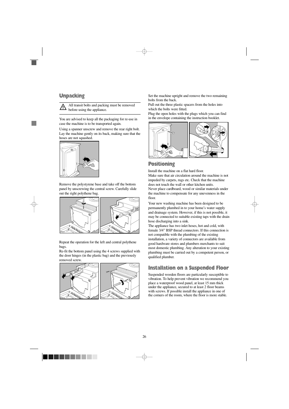 Unpacking, Positioning, Installation on a suspended floor | Electrolux EW 1209 I User Manual | Page 26 / 32